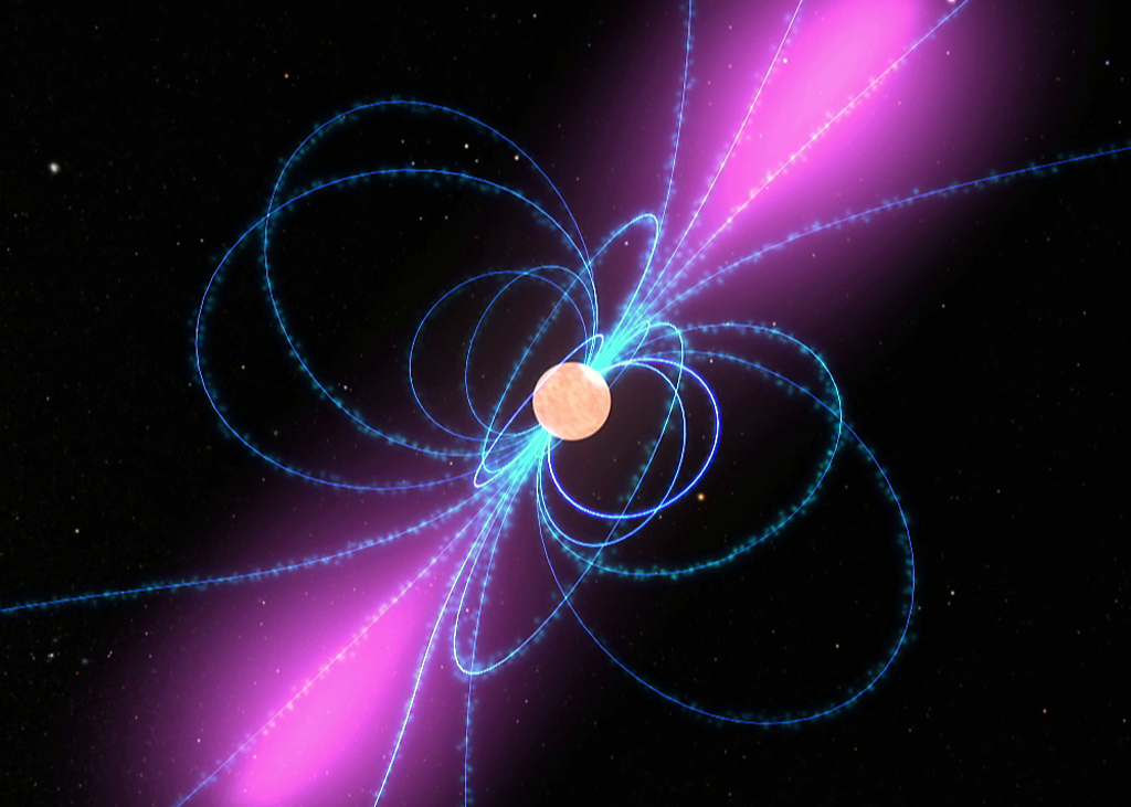 Representação artística de um pulsar, com linhas azuis e feixes de luz em roxo.