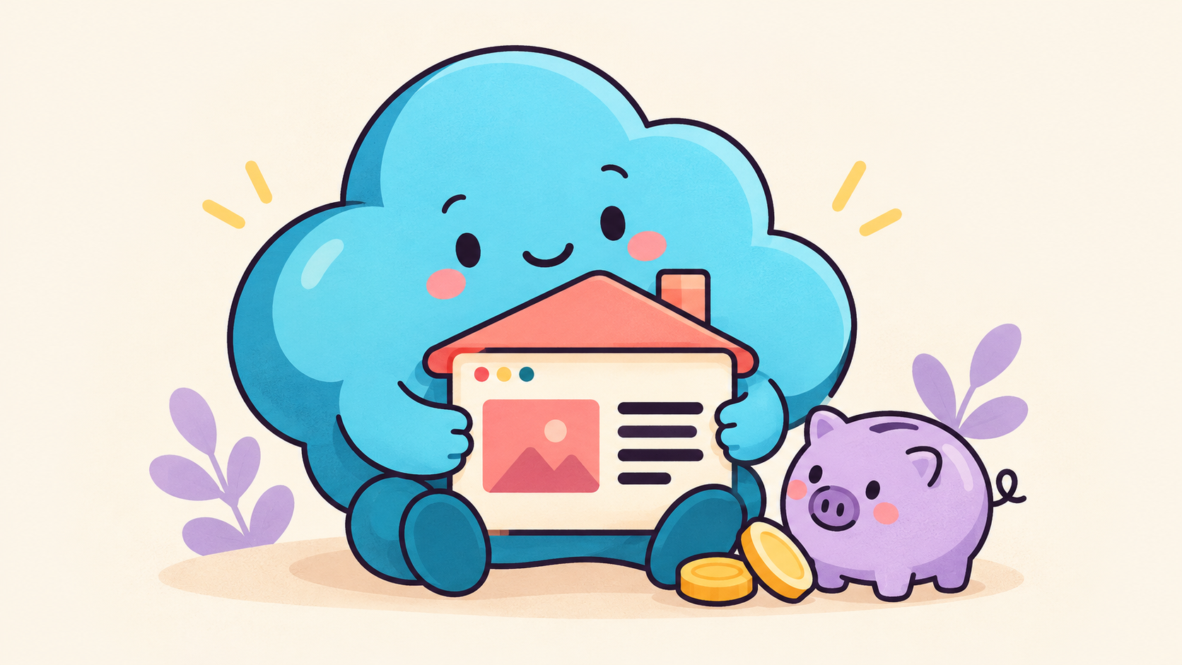 Uma nuvem sustenta um pequeno blog ao lado de um cofrinho, representando hospedagem serverless econômica.