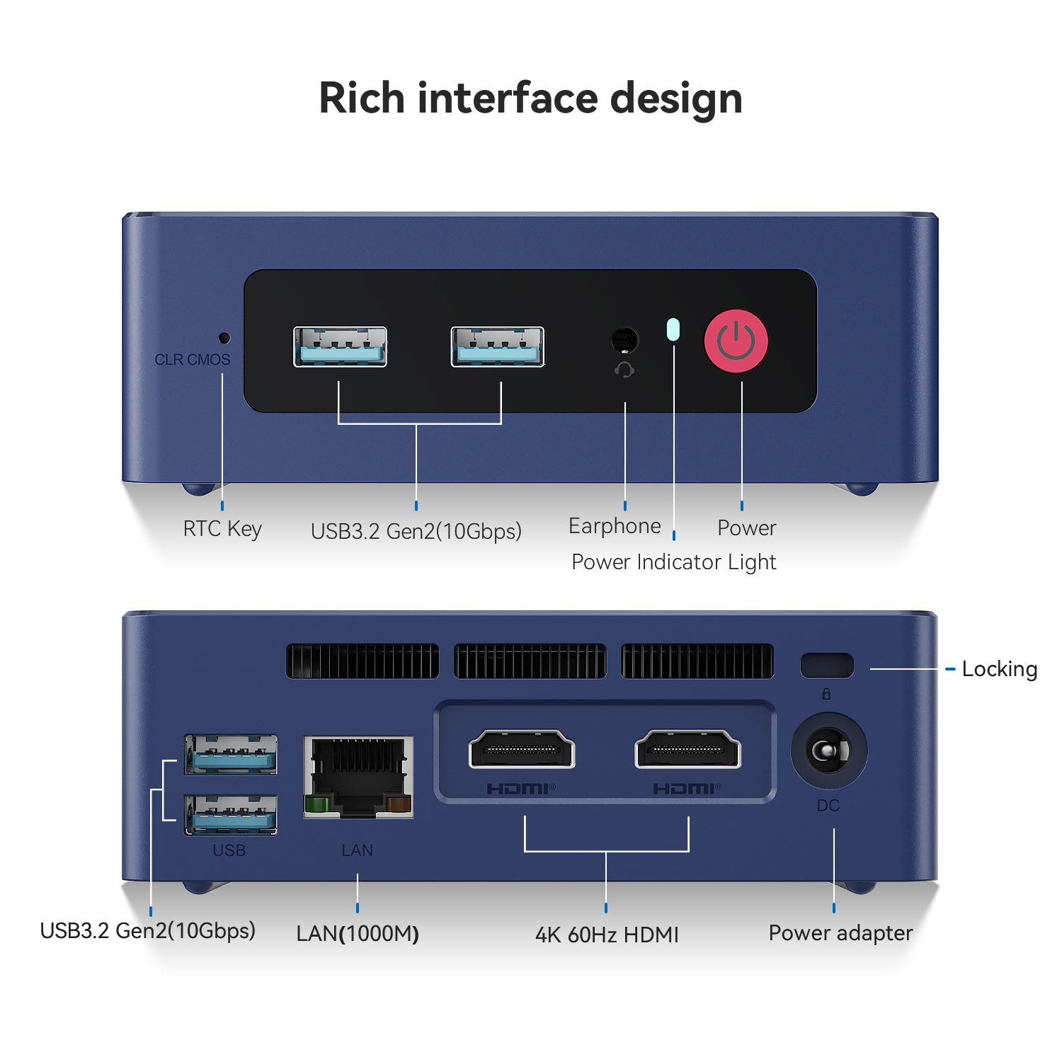 Vistas frontal e traseira do Beelink Mini S12 Pro N100, com portas USB, Ethernet, HDMI e alimentação.
