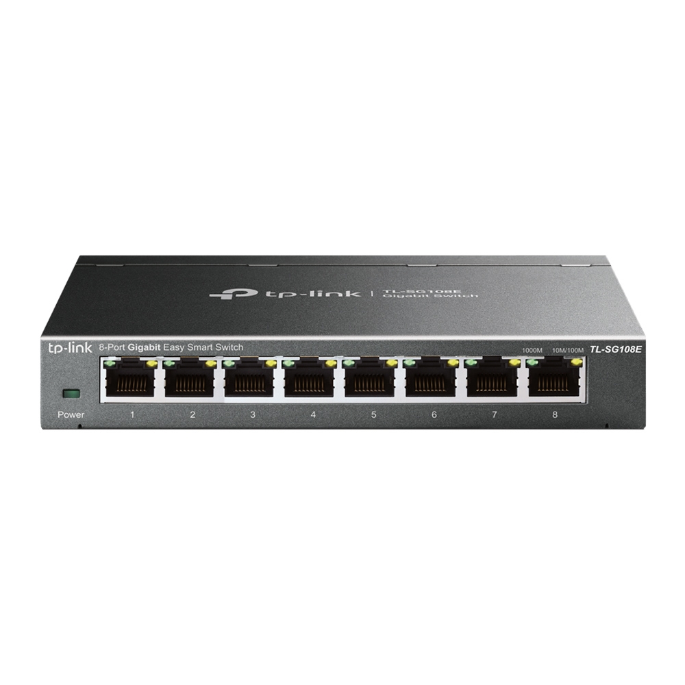 Switch TP-Link TL-SG108E visto de frente, com oito portas Ethernet numeradas e gabinete metálico.