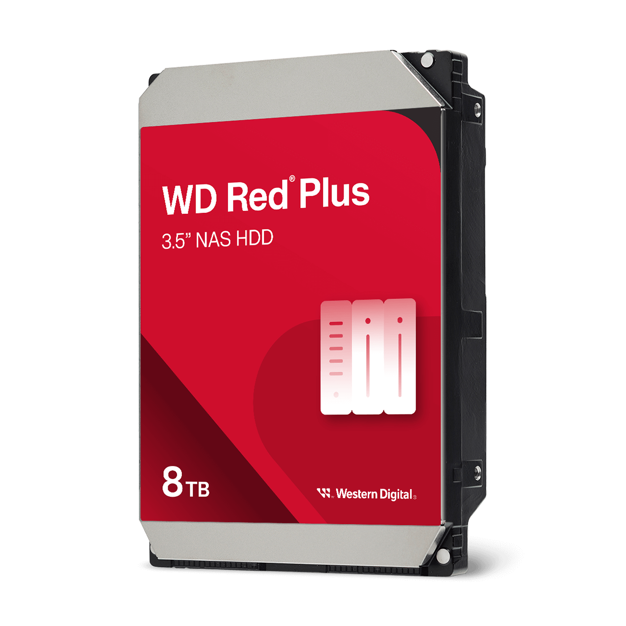 HD Western Digital Red Plus de 8 TB, com etiqueta vermelha e indicação de uso em NAS.
