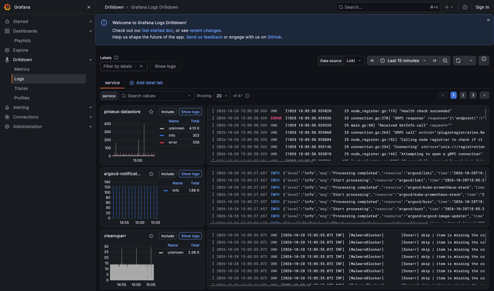 Grafana Logs Drilldown com registros agrupados por serviço, gráficos de volume e mensagens de log consultadas no Loki.