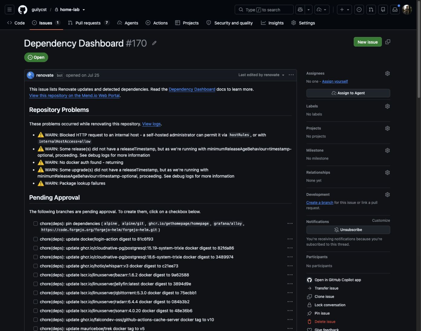 Dependency Dashboard do Renovate no GitHub, com avisos de consulta às dependências e atualizações aguardando aprovação.