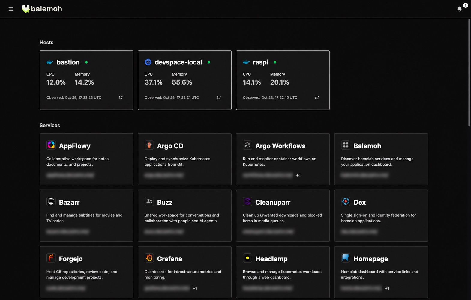 Painel do Balemoh com uso de CPU e memória dos hosts e catálogo de serviços, com os endereços desfocados.